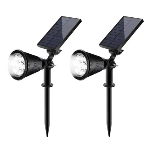 Produktbild: SALCAR Solarstrahler für Außen 2 Stück mit Erdspieß, Wasserdichte Solarlampen für Außen, 1800mAh Hohe Leistungs Solarleuchte für Gärten, Sträucher und Bäume