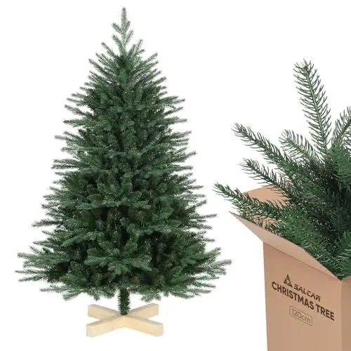 Produktbild: SALCAR Weihnachtsbaum künstlich 120 cm mit Holzständer, PE naturgetreue Spritzguss Elemente & PVC Nordmanntanne, 1,2 m Tannenbaum künstlich (Ø 86 cm)