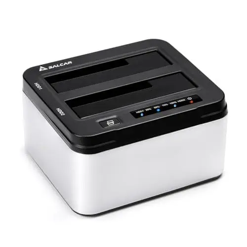 Produktbild: Salcar Festplatten Docking Station, USB 3.0 Docking Station mit 2 Einschüben optimiert für 2,5 und 3,5 Zoll SATA HDD/SSD, Offline-Klonen Festplatten Dockingstation unterstützt 2x8TB, 5 Gbit/s (Silber)