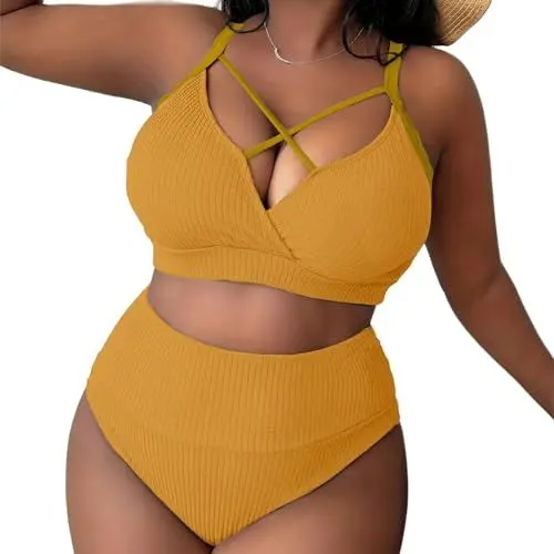 Produktbild: Sale Angebote Bikini Damen Set Große Größen Zweiteiler Bauchweg Badeanzug Kreuzen Push Up Bikini Oberteil mit Slip Sexy V-Ausschnitt Strandmode Bademode High Waist Sommer Badeanzüge für Damen Gelb 4XL