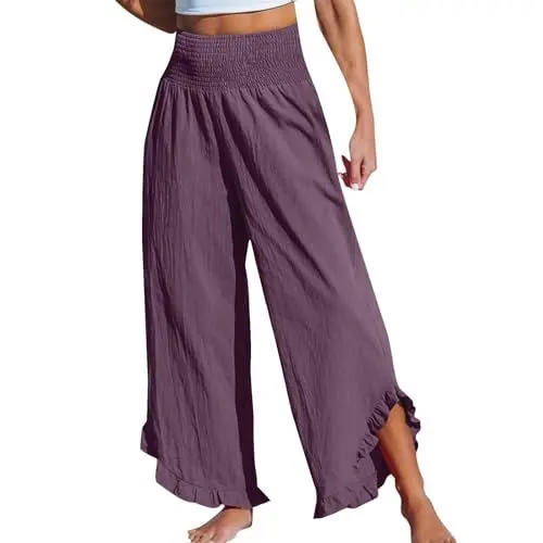 Produktbild: Sale Angebote Leinenhose Damen Hosen Lässig Leichte Palazzo Hose Haremshose Einfarbig Leinen Bundfalten Freizeithose Blütenblattbesatz Yogahose Wide Leg Pants Strandhose Sommer Hose(#1 Purple,S)