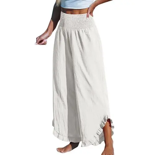 Produktbild: Sale Angebote Leinenhose Damen Hosen Lässig Leichte Palazzo Hose Haremshose Einfarbig Leinen Bundfalten Freizeithose Blütenblattbesatz Yogahose Wide Leg Pants Strandhose Sommer Hose(#1 White,3XL)