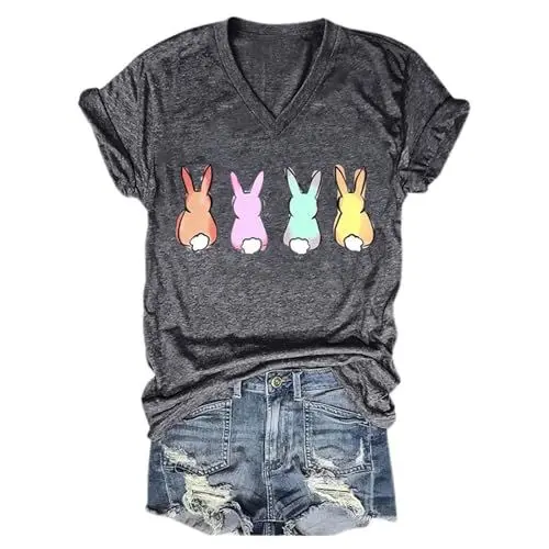Produktbild: Sale Angebote Sale Angebote T-Shirt mit V-Ausschnitt und pastellfarbenem Hasen-Print für Damen Top Party Sexy Oberteile Damen Weisse Tshirt Maedchen Damen Poloshirt Kurz Meine Bestellungen Anzeigen