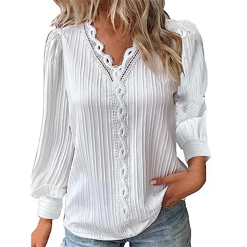 Produktbild: Sale Angebote Tshirt Damen Sommer Solid Casual Loose Oberteil Sommer Große Größen Shirt, Spitze, Patchwork, V-Ausschnitt, Lange Ärmel, Bluse, Lockere Freizeit-T-Shirts Pullover Dam Kleider Angebot