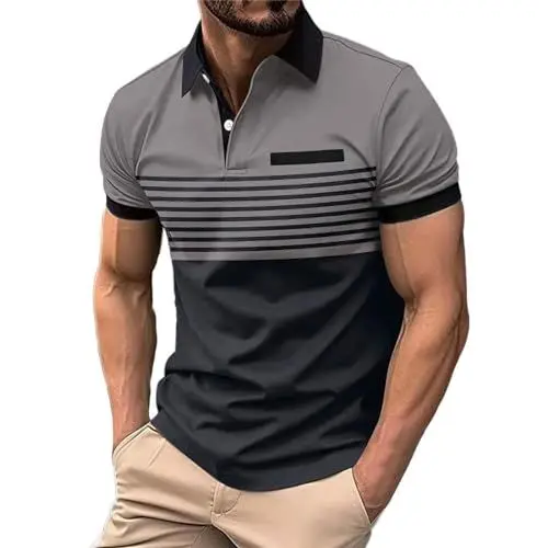 Produktbild: Sale Angebote Unter 10 Euro Poloshirts Herren Kurzarm Atmungsaktives Schnelltrocknend Poloshirts T-Shirts Herren Colour Block Stripe Button Down T-Shirt Sommer Casual Mod Tshirt Herren Set Angebote