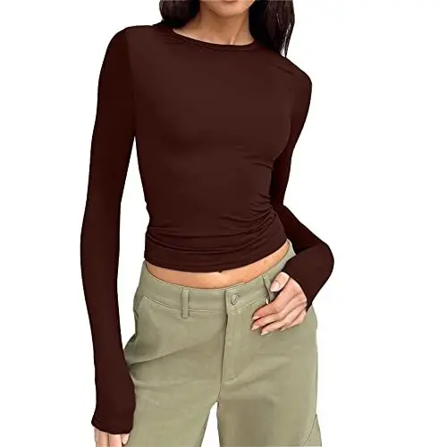 Produktbild: Sale Damen Bekleidung Damen Langarmshirt Slim Fit Rundhals Langarm T-Shirt Y2K Tops Oberteile Einfarbig Langarm Shirt Einfarbig Basic Crop Top Casual Aesthetic Clothes
