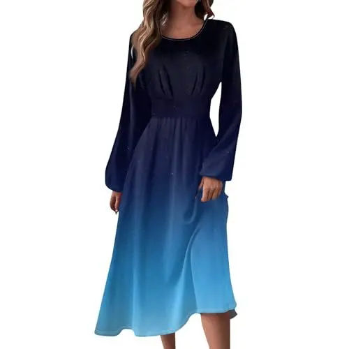 Produktbild: Sale Damen Winterkleid Lange Langarm Kleid Midi Elegantes, Knielang, A-Linie, Festlich, Rotes Cocktailkleid Für Partys Und Hochzeiten (Blau, M)