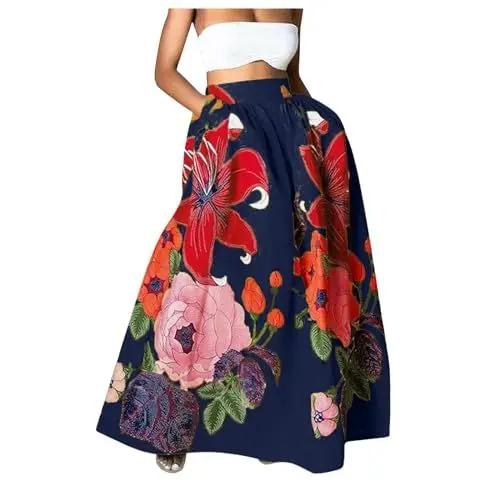 Produktbild: Sale Tüllrock Hochzeit Maxikleid Damen Sommer Freizeit Mode Lang Rock, Langes Kleid Damen Elegant, Damen-Rock Mit Blumendruck, Hohe Taille, Party-/Strand-Tasche, Langer Maxir Angebote Rock Gebluemt