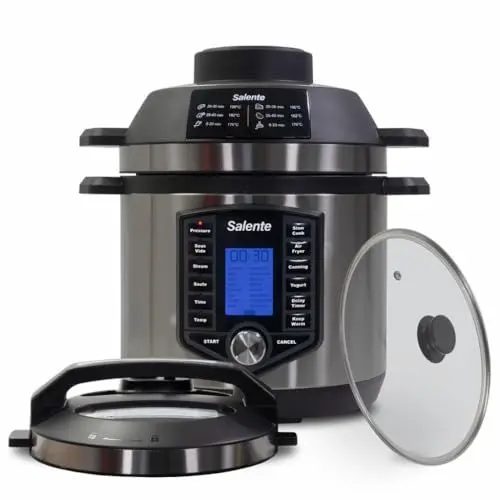 Produktbild: SALENTE Ario II Elektrischer Multifunktionstopf mit Heißluftfritteuse, Schnellkochtopf, Slow Cooker, Sous-Vide, Edelstahl, 1200-1500 W, 6 L
