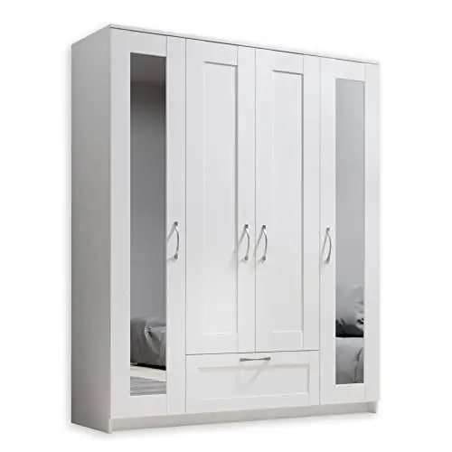 Produktbild: SALIAS Kleiderschrank mit Spiegeltür Weiß - Vielseitiger Drehtürenschrank 4-türig für Ihr Schlafzimmer - 157 x 191 x 51 cm (B/H/T)