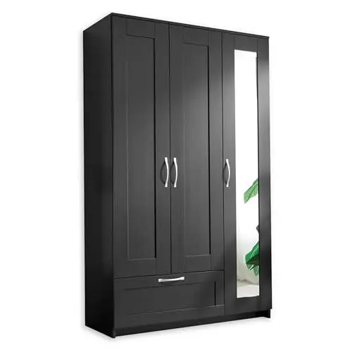 Produktbild: Stella Trading SALIAS Kleiderschrank mit Spiegeltür in Schwarz - Vielseitiger Drehtürenschrank 3-türig für Ihr Schlafzimmer - 117 x 190 x 50 cm (B/H/T)