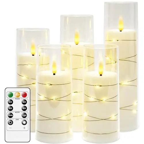 Produktbild: salipt LED Kerzen im Glas, Flammenlose Kerzen mit Fernbedienung, Beweglicher Flamme, Elektrische Kerzen mit Lichterkette, 5er-Set Kerze mit Timer, D 5.8 cm, H 12.7 15.3 17.8 20.3 cm - Weiß