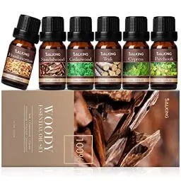Produktbild: SALKING Holziger Ätherische Öle Set, Aromatherapie Duftöl GeschenkSet, 100% Pure Duftöle für Diffuser Luftbefeuchter, Massage, 6 x 10 ml(Frankincense, Cedarwood, Sandalwood, Teak, Cypress, Patchouli)