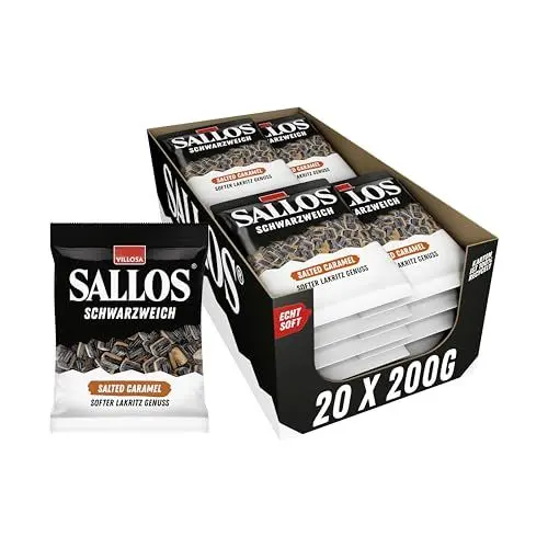 Produktbild: SALLOS Schwarzweich Salted Caramel Vorrats-Pack – Lakritz mit Schaumzucker und Salmiak-Salz, aus natürlichem Süßholzsaft, würzige Lakritz-Kombination, vegan, im Vorrats-Pack, 20 x 200 g