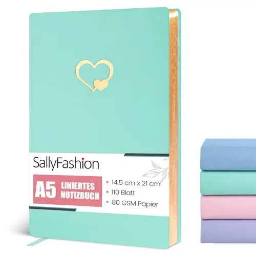 Produktbild: SALLYFASHION A5 Liniertes Notizbuch, Notizbuch für Damen, 80 Blatt/160 Seiten Süßes Notizbuch mit Goldrand Grün 14.5 x 20.8cm