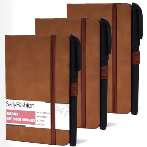 Produktbild: SALLYFASHION Notizblock A6 Liniert, 3 Stück Mini Notizbuch Mit Stift Klein Notizblock Ledernotizbücher Mit Stift 9,5cm x 14cm （80 Blatt Pro Stück）