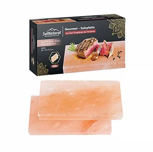 Produktbild: SalNatural Gourmet Salz Grillsteine 20x10x2,5cm (2er Pack) Original Kristallsalz aus dem Vorgebirge des Himalaya* Salzstein zum grillen. BBQ Grillplatte | Premium Geschenkbox