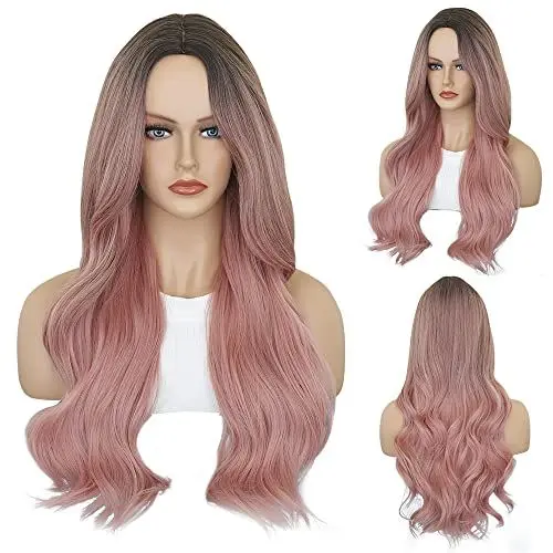 Produktbild: Salomezklm Lange lockige Weiße Ombre Rosa Perücke Synthetische Wurzel Natur Rosa Perücke mit Pony Natürliche Überschrift Hitzebeständig für Frauen Party Cosplay Kostüm 24Zoll