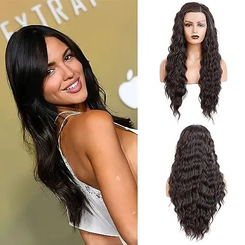 Produktbild: Salomezklm Schwarze Lace Front Perücken,Glueless Lace Perücken Synthetische Lange Wellige Perücke Hitzebeständige Faser Natürliches Schwarzes Haar Mit Babyhaar Für Frauen 24 Zoll