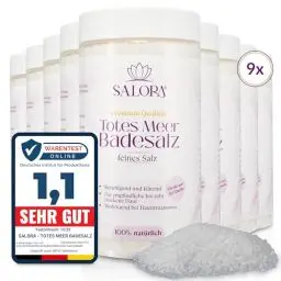 Produktbild: Salora ® Premium Totes Meer Badesalz 9 x 1150gr (Frei von Zusatzstoffen) - Meersalz Badesalz aus Jordanien - Vollbad oder Fußbad Salz mit Peeling Effekt als Badezusatz - Fein - Vorteilspack