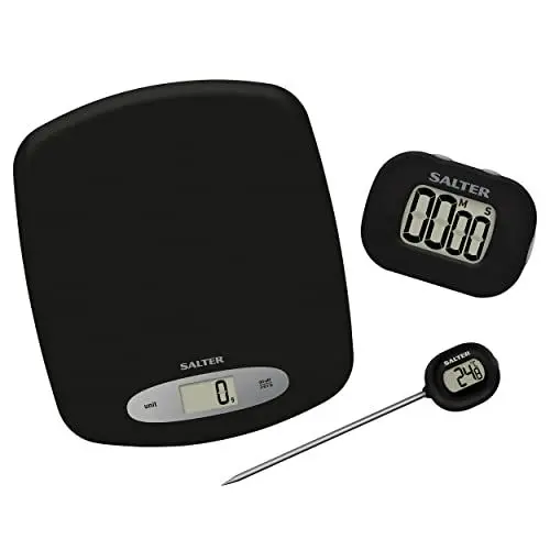 Produktbild: Salter 1008 GSBKXR 3-teiliges Messset – Küchenwaage digital, Thermometer und Timer, sofortiger Ablesung, Heißluft-Fritteusen-Sonde , 5kg, Thermometer mit 0,1 °C-Graduierung, leicht ablesbar