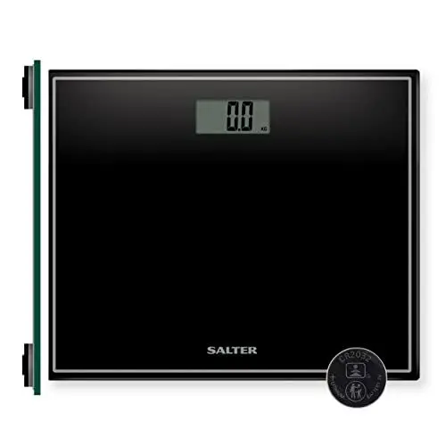 Produktbild: Salter Personenwaage Digital aus Glas, Körperwaage mit LED Display bis 150kg, Personenwaage Digital Step-On, Elektronische Badezimmerwaage, Gehärtetes Glas, 15 Jahre Garantie, Schwarz