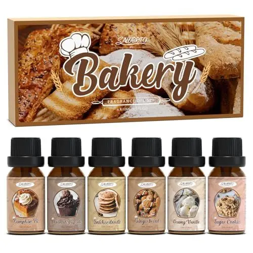 Produktbild: SALUBRITO Bäckerei Ätherische Öle Set für Diffuser, Naturrein Aromatherapie Duftöl für Diffusor 6 x 10ml, Kürbiskuchen, Schokoladen-Cupcake, Snickerdoodle, Lebkuchen, Cremige Vanille, Zuckerplätzchen