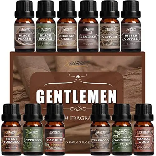 Produktbild: SALUBRITO Holz Ätherische Öle Set, Männer Duftöl für Diffuser, Sandelholz, Weihrauch, Zypresse, Leder, Kiefer, Teakholz, Vetiver, Kaffee, Aromatherapie Duftöle Geschenk für Männer