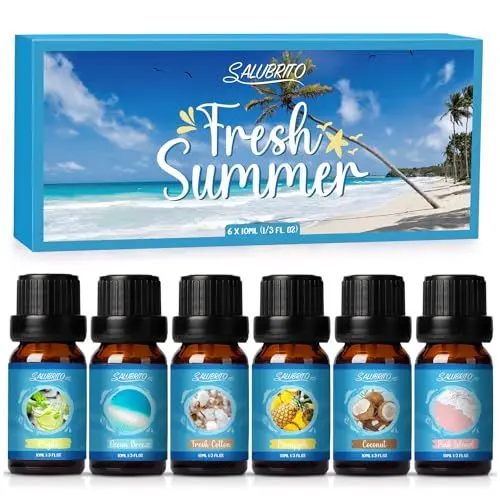 Produktbild: SALUBRITO Sommer Ätherische Öle Set, Aromatherapie Duftöl für Diffuser, Kerzenherstellung, Meeresbrise, Rosa Insel, Tropischer Mojito, Frische Baumwolle, Ananas, Kokosnuss, Geschenkset für Frauen