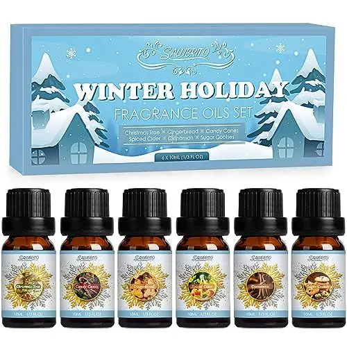 Produktbild: SALUBRITO Winter Ätherische Öle Set für Diffuser, Naturrein Aromatherapie Duftöl für Diffusor 6 x 10ml – Zimt, Weihnachtsbaum, Lebkuchen, Zuckerstangen, Gewürzmost, Zuckerplätzchen