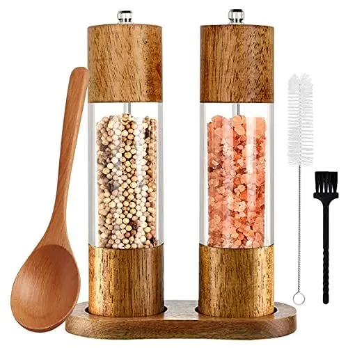 Produktbild: Salz und Pfeffermühle 2er Set mit Untersetzer Gewürzmühle Manuell Pfeffermühle Holz Salzmühle Verstellbarem Keramikmahlwerk für Gewürze Pfeffer Salz Höhe: 21,5 cm