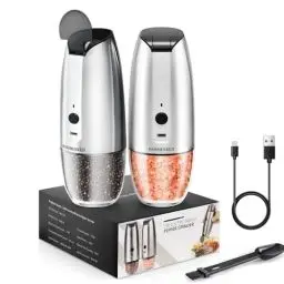 Produktbild: Salz und Pfeffermühle Elektrisch 2er Set: - USB Wiederaufladbar Elektrische Pfeffermühle, Salzmühle, Verbesserte Große Kapazität Elektrische Gewürzmühle mit LED-Licht für BBQ Restaurant Küche