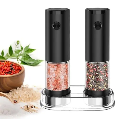 Produktbild: Elektrische Salz und Pfeffermühle Set – Batteriebetriebene Schwarze Pfeffermühle mit einstellbarer Grobheit und LED-Licht für BBQ, Küche, Restaurant und Zuhause