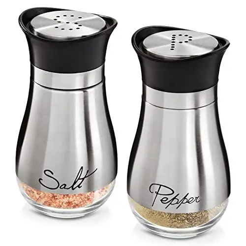 Produktbild: Salz- und Pfefferstreuer-Set aus Glas und Edelstahl mit Aufschrift Salt, Pepper, je 118 ml