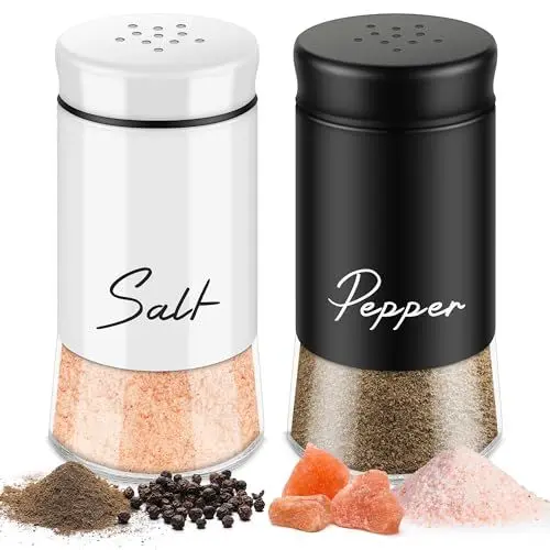 Produktbild: Salz und Pfefferstreuer 2er Set - 5 Unzen Salzstreuer Glas, Pfeffer Gewürzstreuer, Klein mit Glasboden und Edelstahldeckel, für Küche, BBQ, Wohnmobil Nachfüllbares Design - Schwarz&Weiß