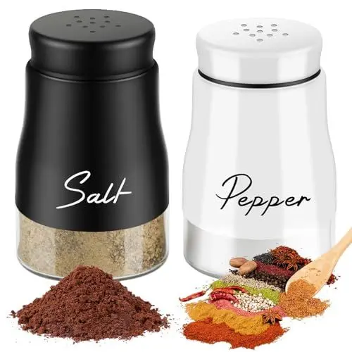 Produktbild: Salz und Pfefferstreuer Set, 5 Unzen Glasboden Salzstreuer klein Pfefferstreuer mit Deckel, Gewürzspender Küchenzubehör Salz Pfefferstreuer für Haus, Küche, Restaurant, BBQ (Schwarzem Weißem)