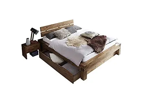 Produktbild: SAM Balkenbett 160x200 cm Alias mit Bettkasten, Holzbett aus Akazienholz, Natur-Holzbett mit geteiltem & angewinkeltem Kopfteil, jedes Bett EIN pflegeleichtes Unikat