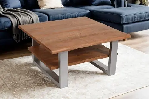 Produktbild: SAM Couchtisch 90x90 cm Patrick, Sofatisch/Beistelltisch mit Ablage, Mangoholz massiv, honigfarben lackiert, U-Metallgestell Silber, echte Baumkante