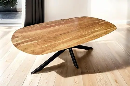 Produktbild: SAM Ovaler Esstisch 200x100 cm Rama, Akazienholz naturfarben, massiver Esszimmertisch mit Schweizer Kante, Spider-Gestell Eisen schwarz, pflegeleichter Holztisch