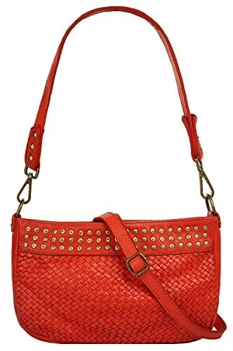 Produktbild: Samantha Look Umhängetasche echt Leder Damen | Made in Italy | Crossbody mit Flechtoptik | Abendtasche mit Nietenverzierung | wandelbare Partytasche | 021381