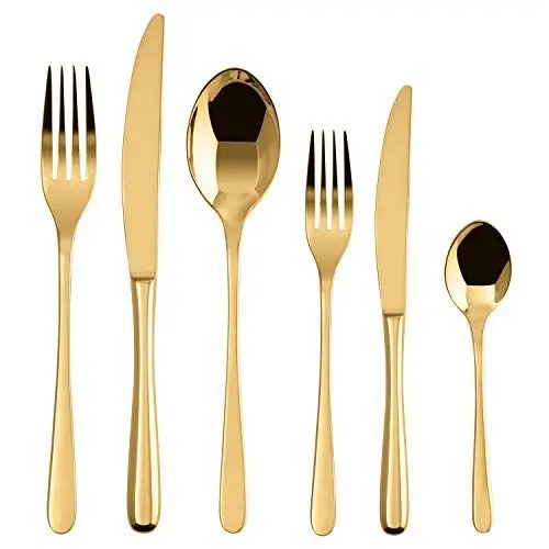 Produktbild: Sambonet Taste Tafelbesteck für 6 Personen, 36-teilig, 6 Tafellöffeln, 6 Tafelgabeln, 6 Tafelmessern, 6 Obstgabeln, 6 Obstmessern und 6 Teelöffeln, aus Edelstahl PVD-Finish, Spülmaschinenfest, Gold