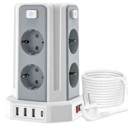 Produktbild: Sameriver Steckdosenleiste mit 3M Verlängerungskabel, 8 Fach Mehrfachsteckdose mit 4 USB, Überspannungsschutz mit 4 Schalter,Mehrfachstecker Steckdosenturm für Zuhause und Büro, Weiß