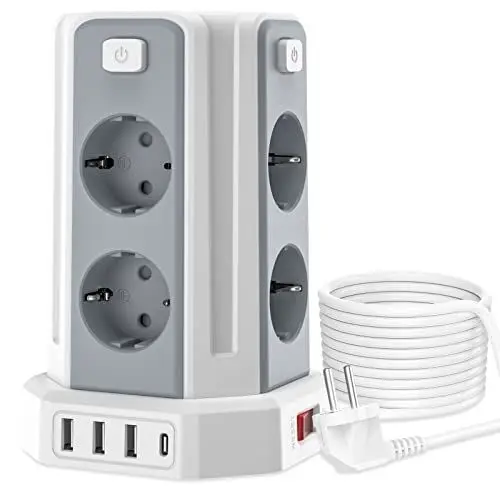 Produktbild: Sameriver Steckdosenleiste mit 3M Verlängerungskabel, 8 Fach Mehrfachsteckdose mit 4 USB, Überspannungsschutz mit 4 Schalter,Mehrfachstecker Steckdosenturm für Zuhause und Büro, Weiß