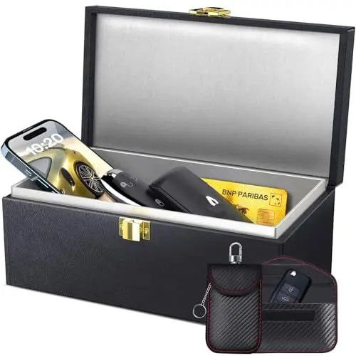 Produktbild: Samfolk Keyless Go Schutz Autoschlüssel Box & 2 Faraday Bag, Faraday Box Strahlenschutz Keyless Go Schutz Box Leder Schwarz (Schwarz, XL)