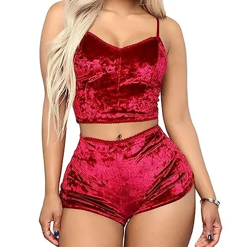 Produktbild: SamHeng 2pcs kurzes Pyjama-Set für Damen, sexy Samt-Unterhemd und Shorts, Nachtwäsche für Damen, V-Ausschnitt, Dessous, ärmelloses Crop-Top, Nachtwäsche, Rot