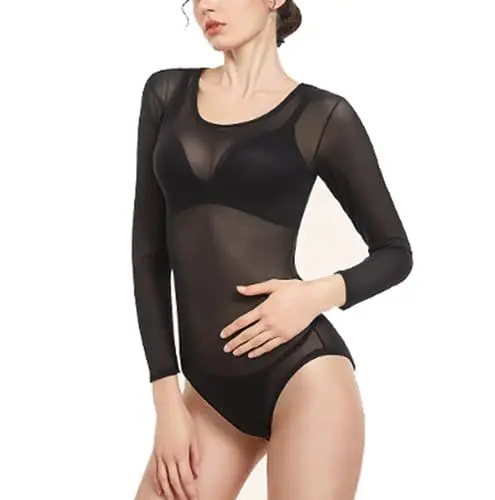Produktbild: SamHeng Bodys für Damen Spitzenbody Schwarz Damen Sexy Body Damen mit Rundhals Langarm Durchsichtiges Oberteil-XL
