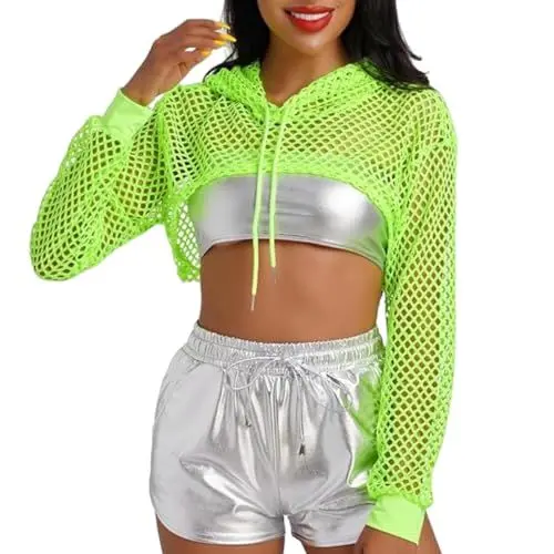 Produktbild: SamHeng Damen Fischnetz Langarm Crop Top See Through Mesh Blusen Pullover Open Front Hollow Out Hoodie Short T-Shirts für Party Clubwear Sommer Strand Cover Up Halloween(Neon Grün/M)
