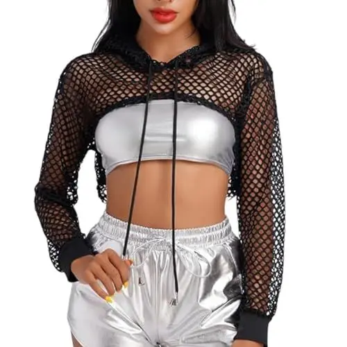 Produktbild: SamHeng Damen Fischnetz Langarm Crop Top See Through Mesh Blusen Pullover Open Front Hollow Out Hoodie Short T-Shirts für Party Clubwear Sommer Strand Cover Up Halloween(Schwarz/L)