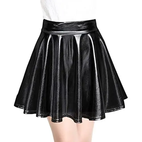 Produktbild: SamHeng Damen Metallischer Faltenrock Mini Skater Minirock Shiny Metallic Plisseerock Low Rise Röcke Tanz Tutu Party Club Kostüm Schwarz