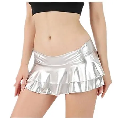 Produktbild: SamHeng Damen Metallischer Faltenrock Mini Skater Minirock Shiny Metallic Plisseerock Low Rise Röcke Tanz Tutu Party Club Kostüm Silber